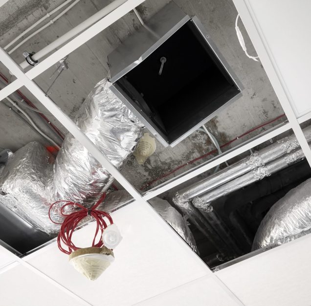 Ventilation system in suspended ceiling during renovation.